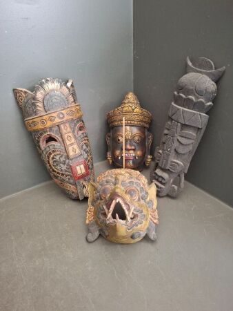 4x Colourful Wooden Asian and Tribal Masks