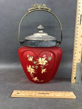 Antique Victorian Piegeon Blood Silver plate Mounted Satin Glass Bicuit Barrel