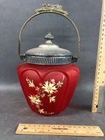 Antique Victorian Piegeon Blood Silver plate Mounted Satin Glass Bicuit Barrel - 3