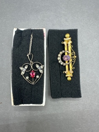 Vintage Marked Amethyst Gold Brooch + Mid Century Style Heart Pendant on Chain