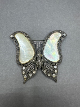 1930C Sterling Silver Diamonte + Mother of Pearl Butterfly Brooch