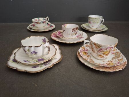5x Pink Floral with Gold Detailing Trios - Incs Cups + Saucers + Plates