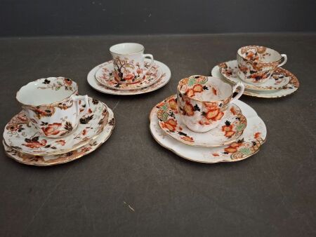 4x Mixed Red Floral with Gold Detailing Vintage Trios