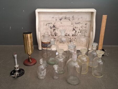 Large Selection of Apothecary Bottles & 2 x Bunsen Burners