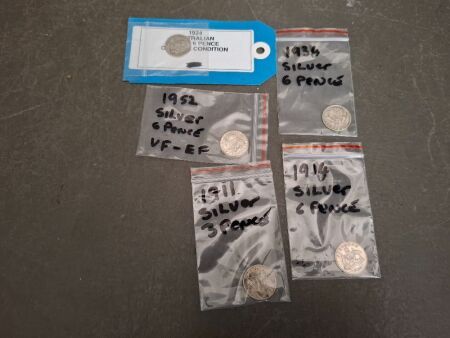 5x 6 and 3 Pence Silver Coins