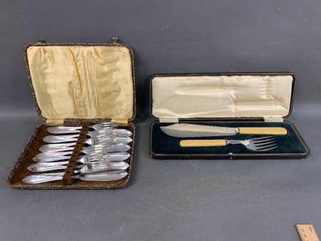 Vintage Box Set of Bone Handled Fish Servers + Box Set of Plated Fish Cutlery