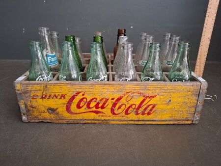 Coca Cola Wooden Crate with Various Bottles