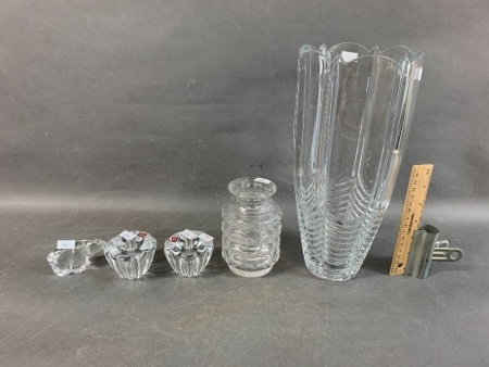 Large Contemporary Crystal Vase, Pair of Orrefors Candle Holders + Vase