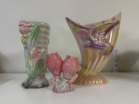 3x Iridescent Flower and Bird Themed Vases