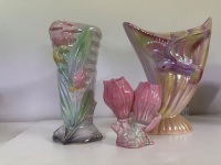 3x Iridescent Flower and Bird Themed Vases - 3