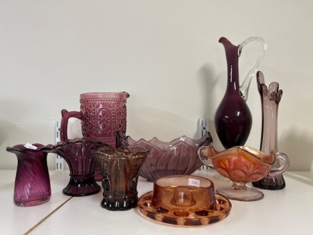 Pioneer Woman Plum Adeline Glass Pitcher with various Plum Art Glass Vases & Bowls
