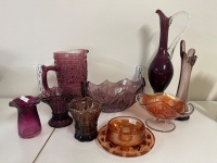 Pioneer Woman Plum Adeline Glass Pitcher with various Plum Art Glass Vases & Bowls - 2