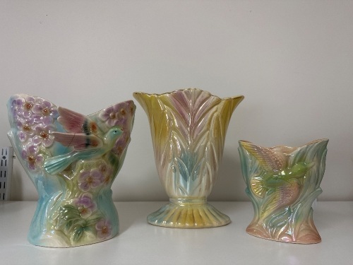 3x Iridescent Multi Coloured Bird Vases