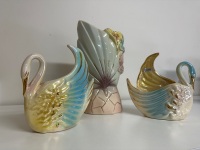 2x Iridescent Swan Vase + Iridescent Floral Vase - 2