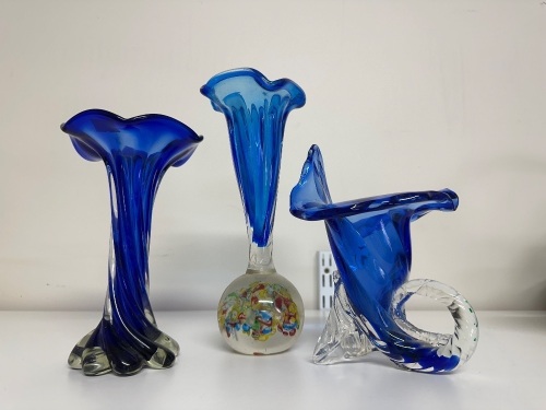 Lot of 3 Beautiful Blue Murano Vases