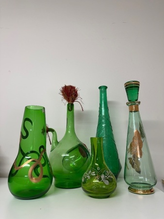 Mixed Vintage Lot of Green Glass Decanters and Vases