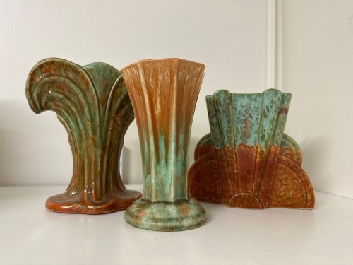 3x Art Deco Blue and Brown Vases