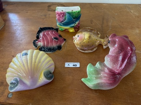 5x Shell and Fish Themed Wall Vases