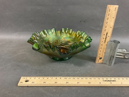 Vintage Irridescent Green Heart & Fern Carnival Glass Bowl with RuffledÂ  Edge