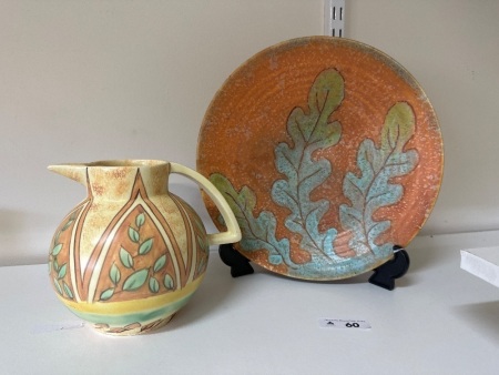 Rown Devon Art Deco Plate + Kensington Ware Floral Jug