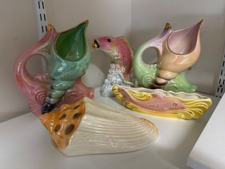 5x Shell and Fish Themed Iridescent Vases and Wall Vases