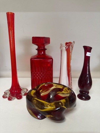 Red Murano & Art Glass Vases, Ash Tray & Decanter