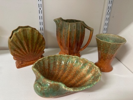 3x Art Deco Blue and Brown Vases + Bowl