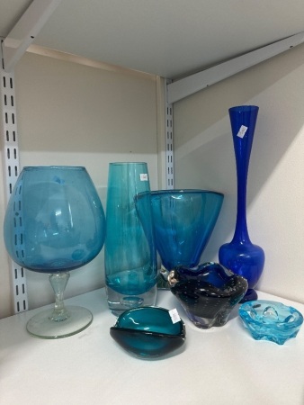 Selection of Blue Art Glass Vases & Ash Trays