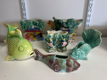 Selection of Vintage Fish Themed Wall Vases and Figurines
