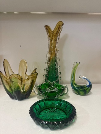 Selection of Unique Green Murano Glass Vases + Ashtrays