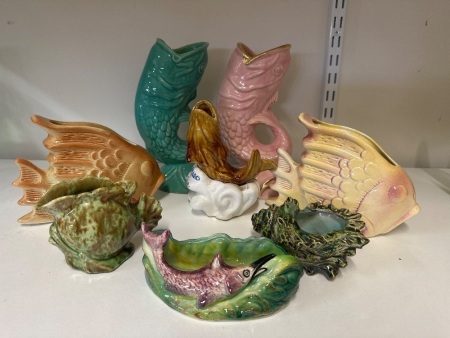 Large Lot of Vintage Ceramic Fish Vases and Ash Trays