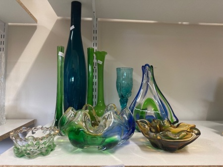 Selection of Blue & Green Art Glass