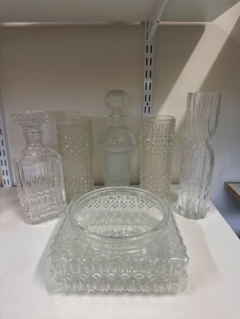 Mixed Lot of Glass and Bubble Glass Vases + Decanters