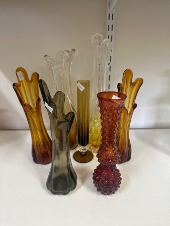 Selection of Orange and Brown Murano Glass Art Vases