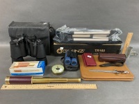 Asstd Lot inc. Desk Items, Telescope, Binoculars x 2, Tripod Etc