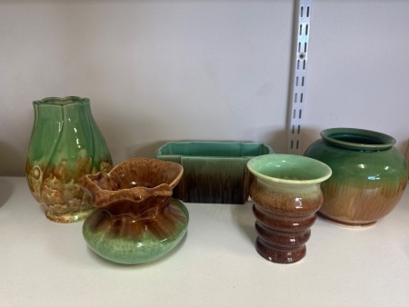 Assortment of Vintage Brown & Blue Pottery