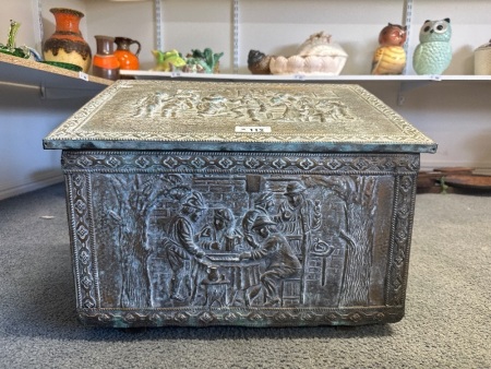Antique Metal Embossed Village Scene Storage Box