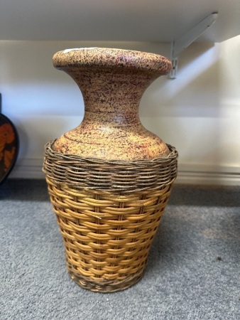 Vintage Ceramic Vase Wrapped in Ratten Case