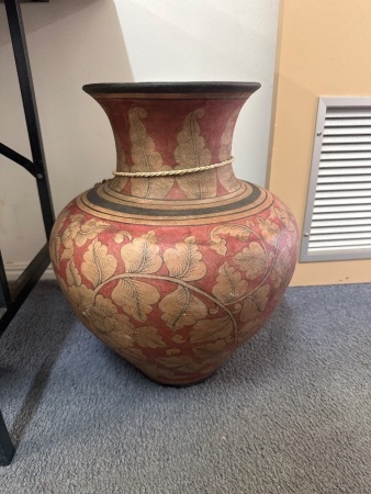 Large Red and Cream Pottery Vase with Rope Decoration