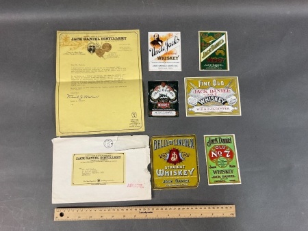 Collection of 6 Reproduction Vintage Jack Daniels Labels with Letter from Distillery