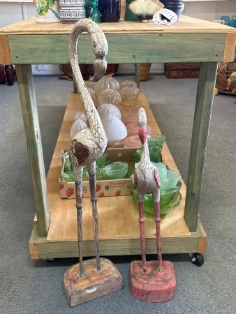 2x Vintage Wooden Flamingo Statues