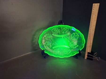 Uranium Glass Oval Dish with Pressed Design