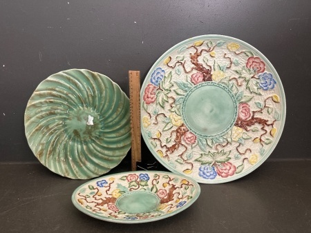 2x HJ Wood England Hand Painted Art Deco Platters + Green Dish