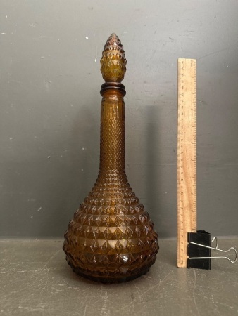 Vintage Empoli Glass Diamond Cut Amber Genie Bottle with Stopper