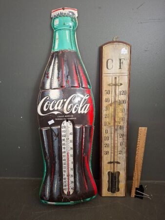 2 x Vintage Thermometers - One Wooden - One Coca Cola