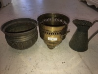 2 Brass Planters & Small Copper Jug
