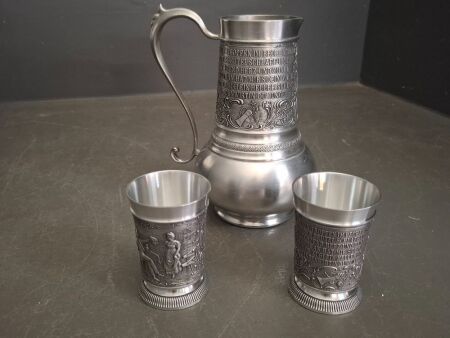 Frieling Zinn 95% Pewter Pitcher and 2 x Cups/Goblets - Germany