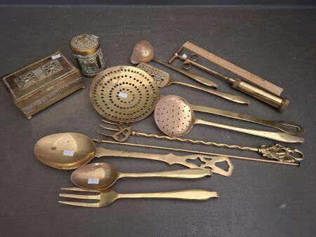 Large Assortment of Brass Utensils and Boxes
