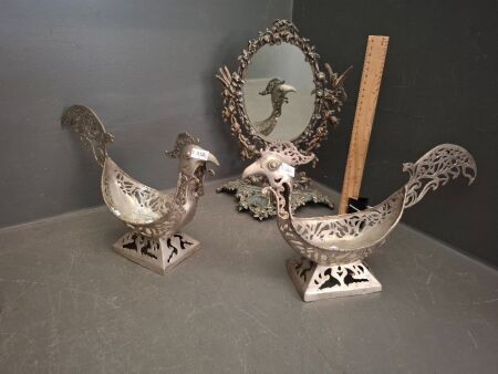 2x Mid Century Rooster Metal Art Sculptures + Metal Mirror
