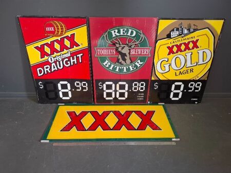 4x XXXX Signs - 3x Corflute and 1x Perspex Sign